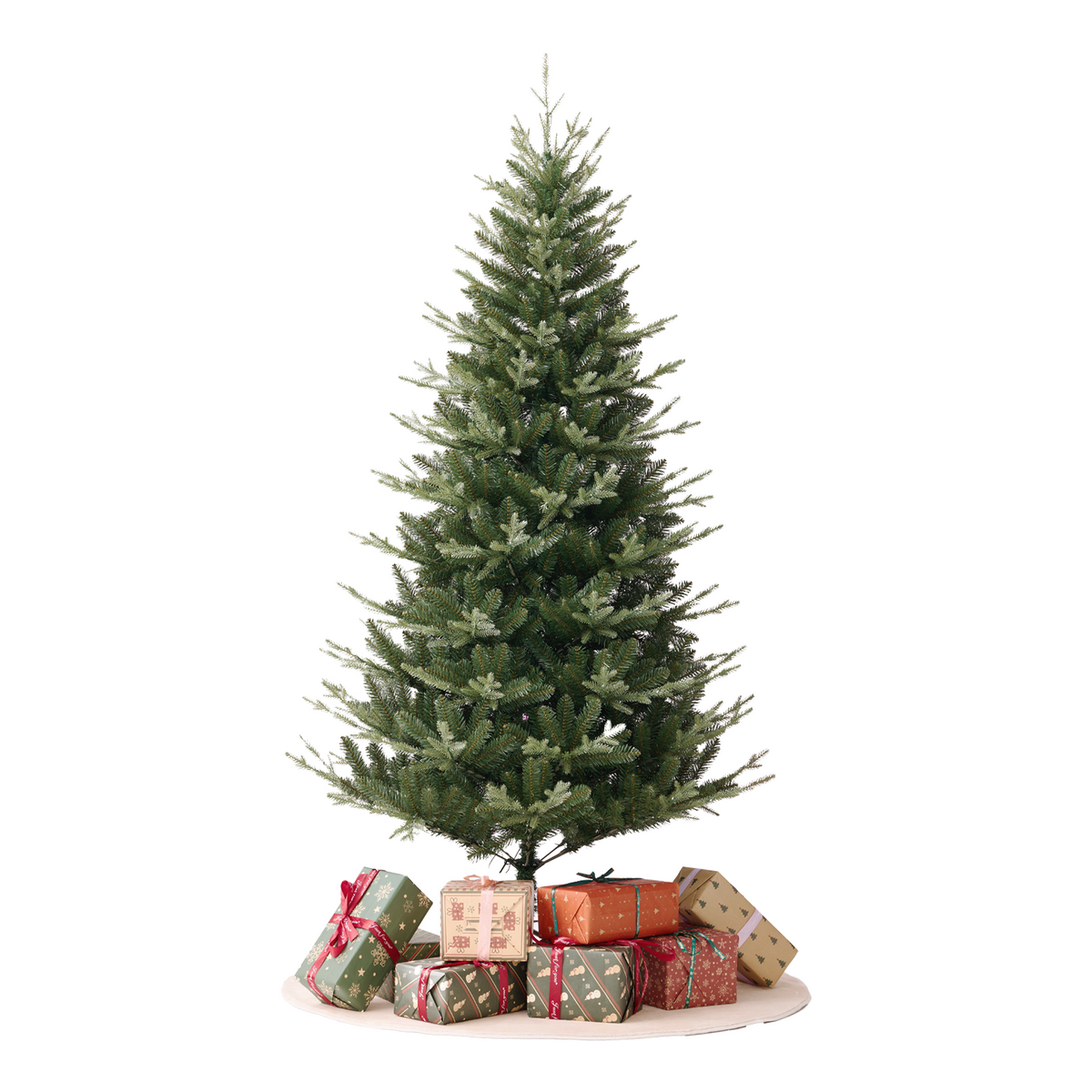 Full view of an Aeelleea 7.5 FT snow-flocked artificial Christmas tree with layered branches and wrapped Christmas gifts on a white background.