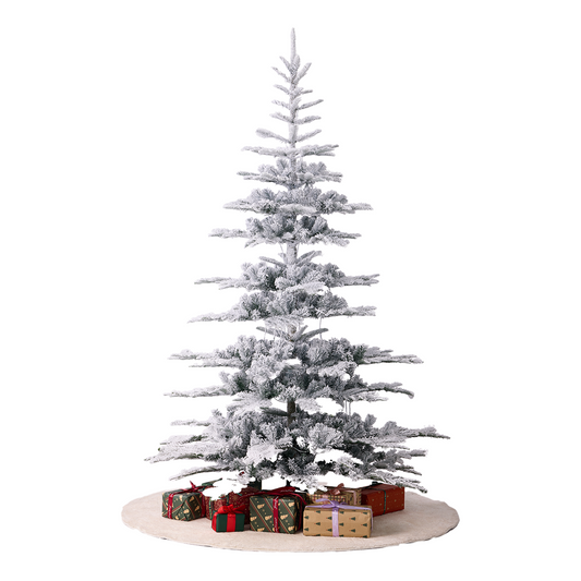 Full view of an Aeelleea 7.5 FT snow-flocked artificial Christmas tree with layered branches and wrapped Christmas gifts on a white background.