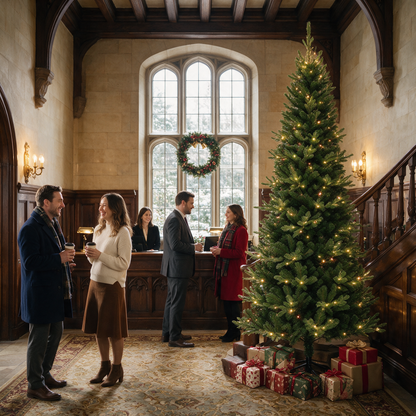 Warmly lit green artificial Christmas tree with wrapped gifts beside a staircase in a grand lobby where guests gather.
复制 Alt Text