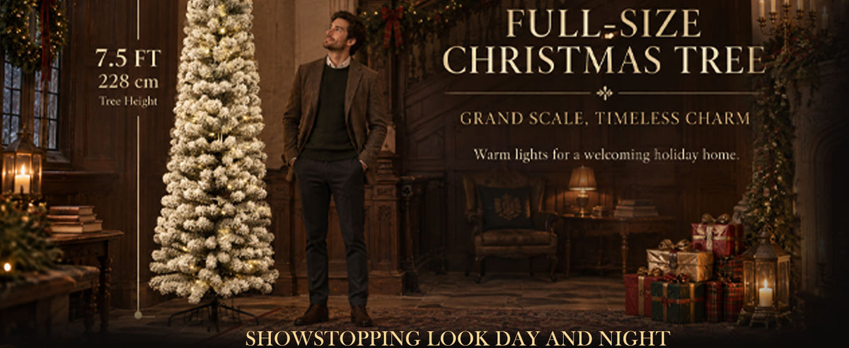 7.5 ft flocked artificial Christmas tree measuring 228 cm tall, displayed beside an adult man to illustrate its full-size proportions in a classic holiday living room.