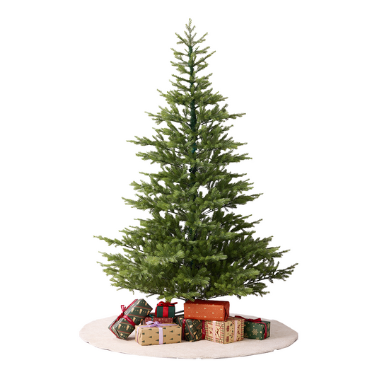 Full view of a green artificial spruce Christmas tree with layered branches and wrapped holiday gift boxes on a white background.