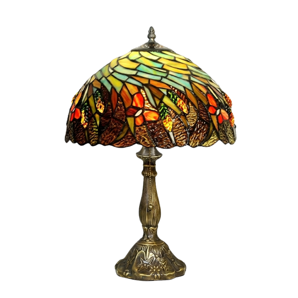 Aeelleea Tiffany style stained glass table lamp with handcrafted autumn harvest shade featuring wheat and butterfly motifs in warm amber tones