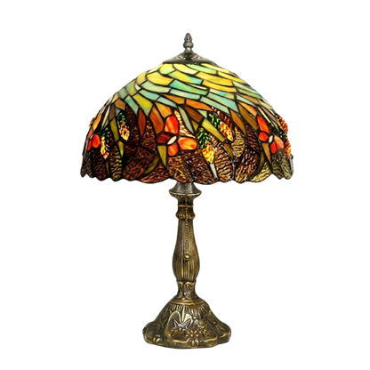 Aeelleea Tiffany style stained glass table lamp with handcrafted autumn harvest shade featuring wheat and butterfly motifs in warm amber tones
