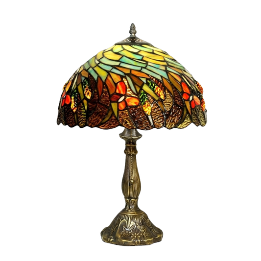 Aeelleea Tiffany style stained glass table lamp with handcrafted autumn harvest shade featuring wheat and butterfly motifs in warm amber tones