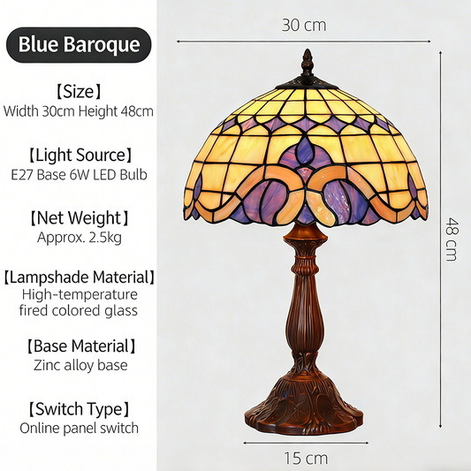 Aeelleea Tiffany style stained glass table lamp with handcrafted blue baroque shade and antique bronze carved base