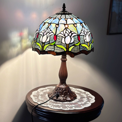 Aeelleea Tiffany style stained glass table lamp with blue and white tulip floral shade in minimalist design