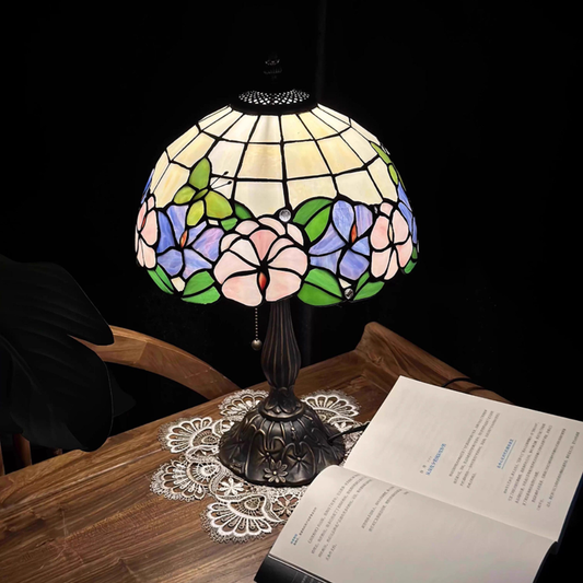 Aeelleea Tiffany style stained glass table lamp with pastel floral and butterfly shade in lavender and pink tones
