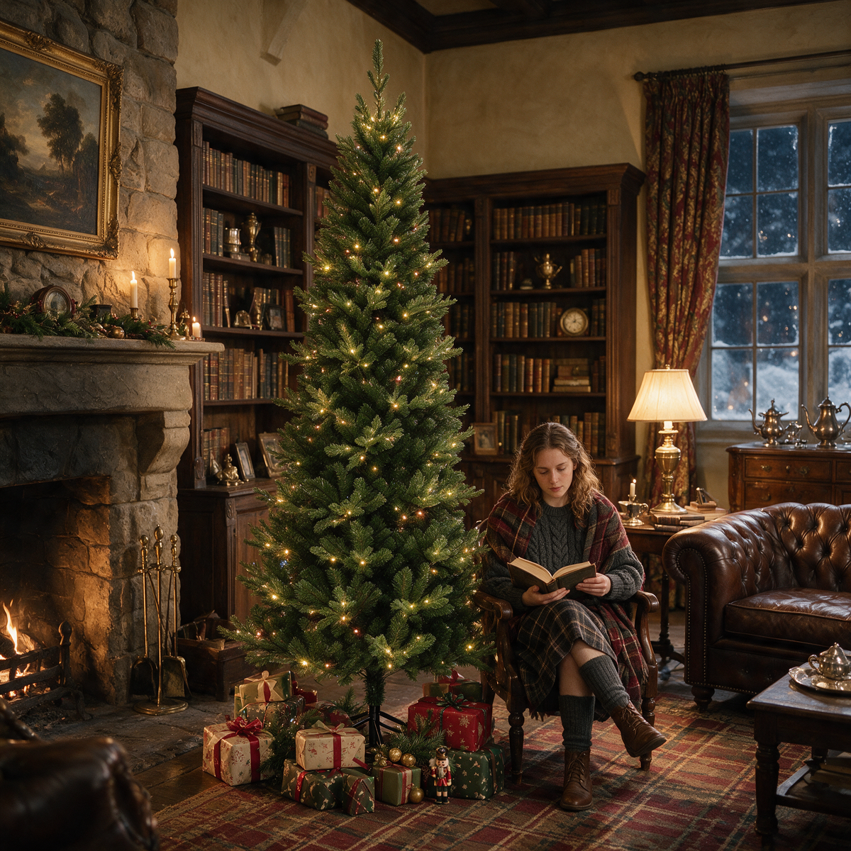 Warmly lit green artificial Christmas tree with wrapped presents in a traditional library living room beside a woman reading.
复制 Alt Text