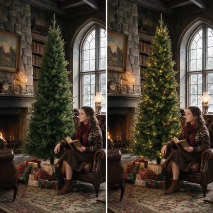 Side-by-side view of the same green artificial Christmas tree with its lights off on the left and warm lights on on the right in a cozy room.
复制 Alt Text