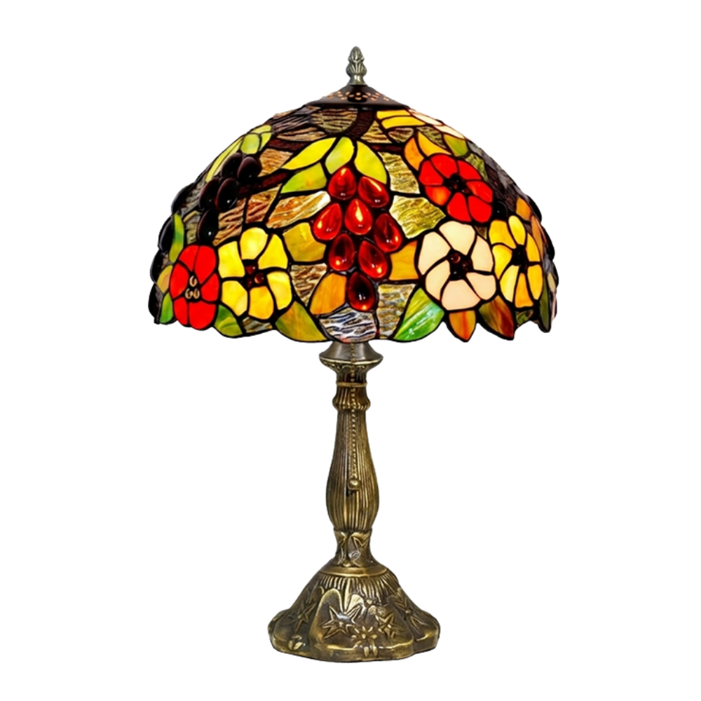 Aeelleea Tiffany style stained glass table lamp with handcrafted multicolor floral mosaic shade in red yellow and green tones