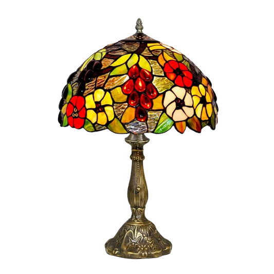 Aeelleea Tiffany style stained glass table lamp with handcrafted multicolor floral mosaic shade in red yellow and green tones