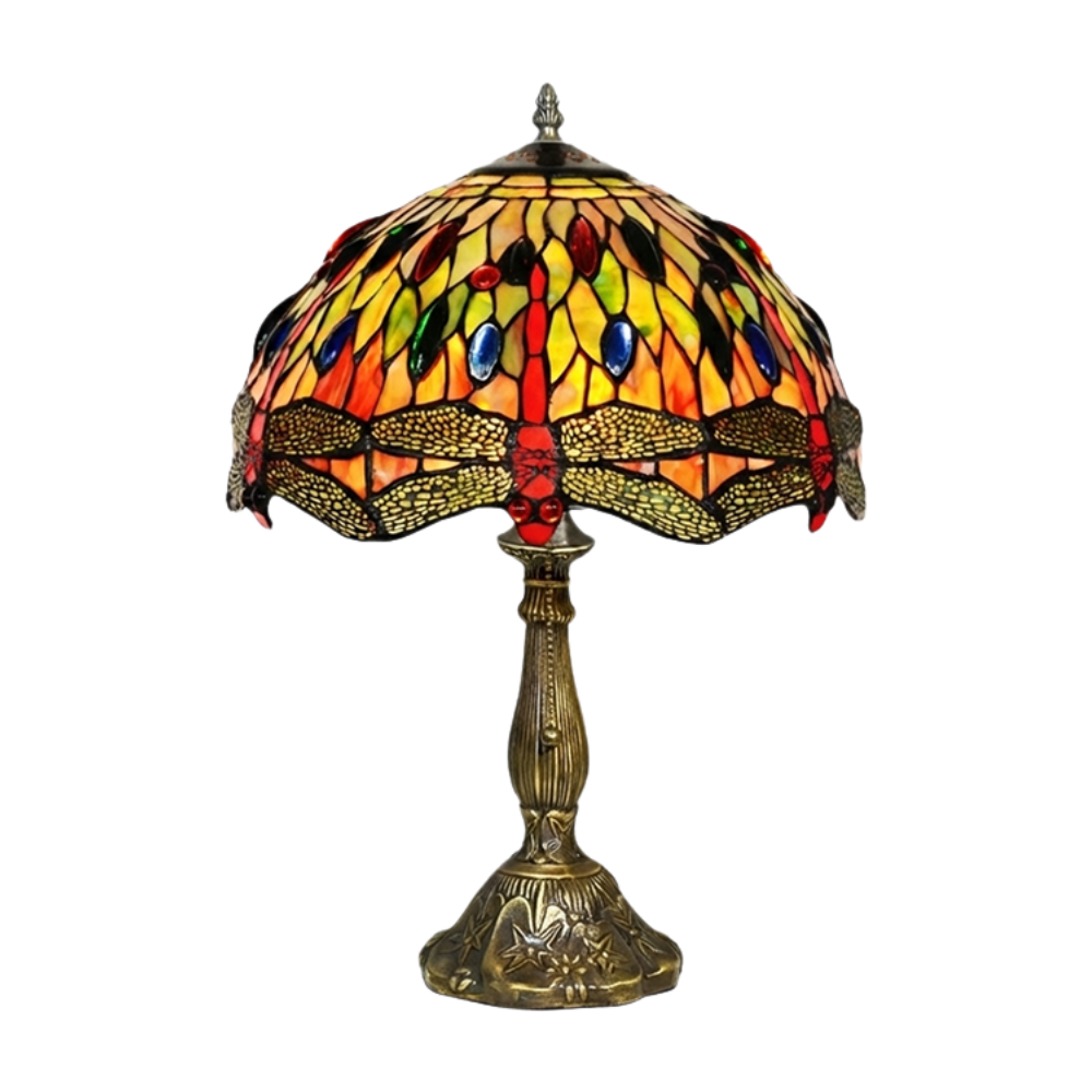 Aeelleea Tiffany style stained glass table lamp with handcrafted Art Nouveau dragonfly shade in amber jade and sapphire tones