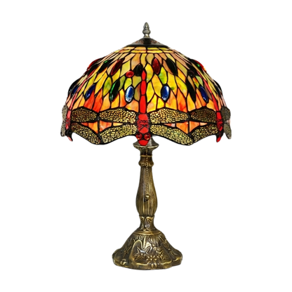 Aeelleea Tiffany style stained glass table lamp with handcrafted Art Nouveau dragonfly shade in amber jade and sapphire tones