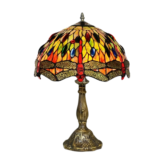 Aeelleea Tiffany style stained glass table lamp with handcrafted Art Nouveau dragonfly shade in amber jade and sapphire tones