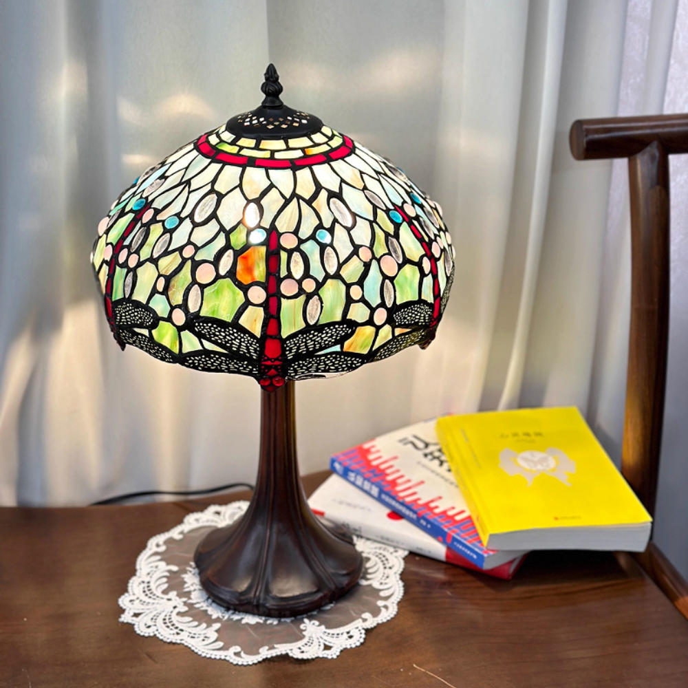 Aeelleea Tiffany style stained glass table lamp with emerald green and ruby red dragonfly shade inspired by Art Nouveau design