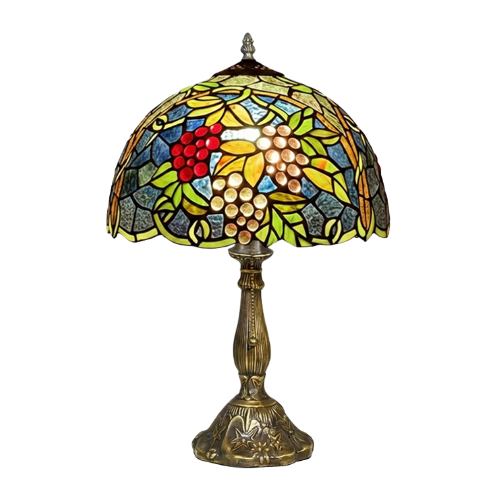Aeelleea Tiffany style stained glass table lamp with handcrafted grape cluster shade in purple amber and green vineyard inspired tones