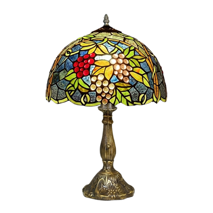Aeelleea Tiffany style stained glass table lamp with handcrafted grape cluster shade in purple amber and green vineyard inspired tones