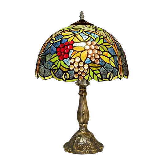 Aeelleea Tiffany style stained glass table lamp with handcrafted grape cluster shade in purple amber and green vineyard inspired tones