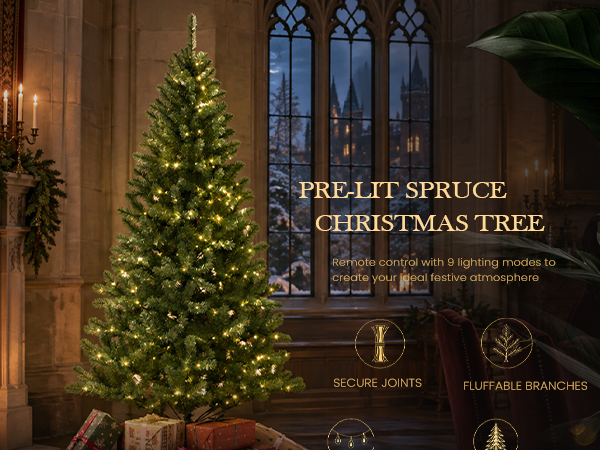 Green pre-lit spruce artificial Christmas tree with warm LED lights, nine lighting modes, hinged branches, and a sturdy metal base in an elegant holiday interior.