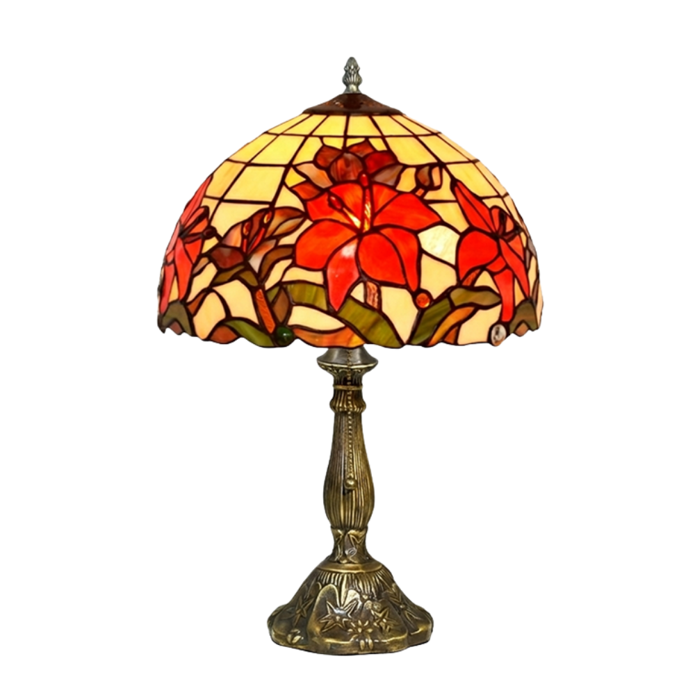 Aeelleea Tiffany style stained glass table lamp with handcrafted orange lily floral shade in warm vibrant tones