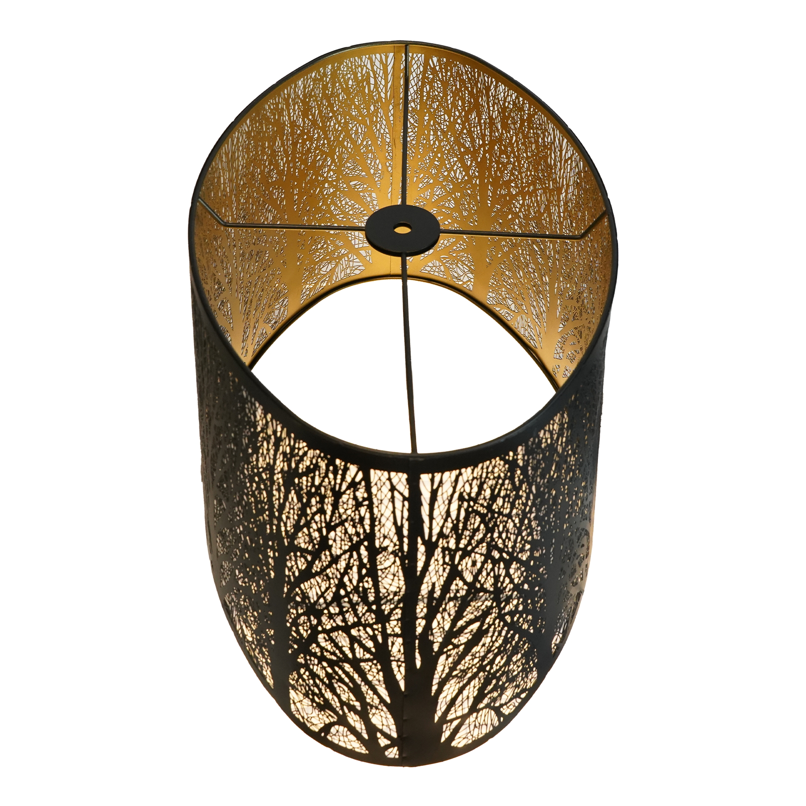 Aeelleea extra-large black metal lampshade with gold lining, featuring an etched forest map pattern and a schematic diagram at the top.