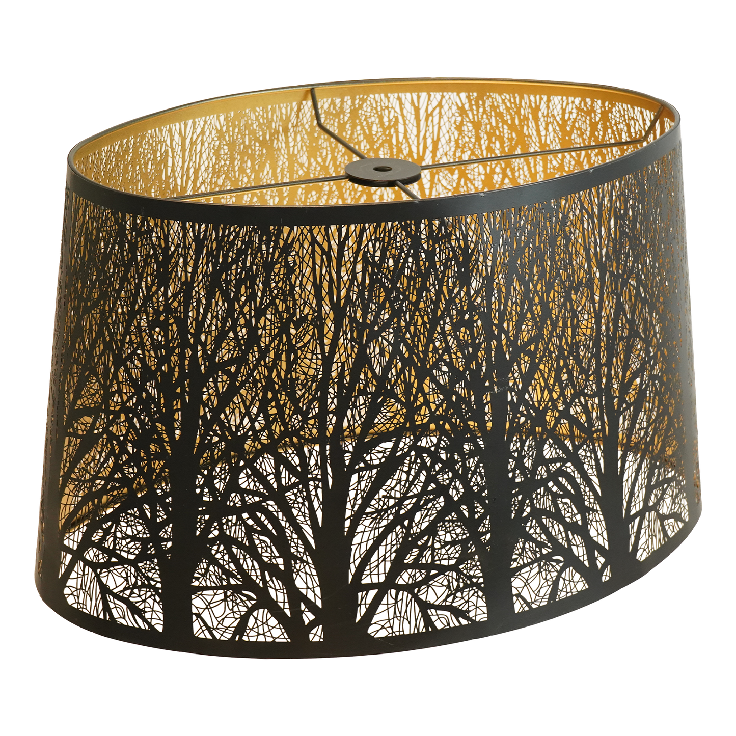 Aeelleea extra-large black metal lampshade featuring a gold interior lining and an etched forest map pattern; suitable for pendant lights and ceiling fixtures.