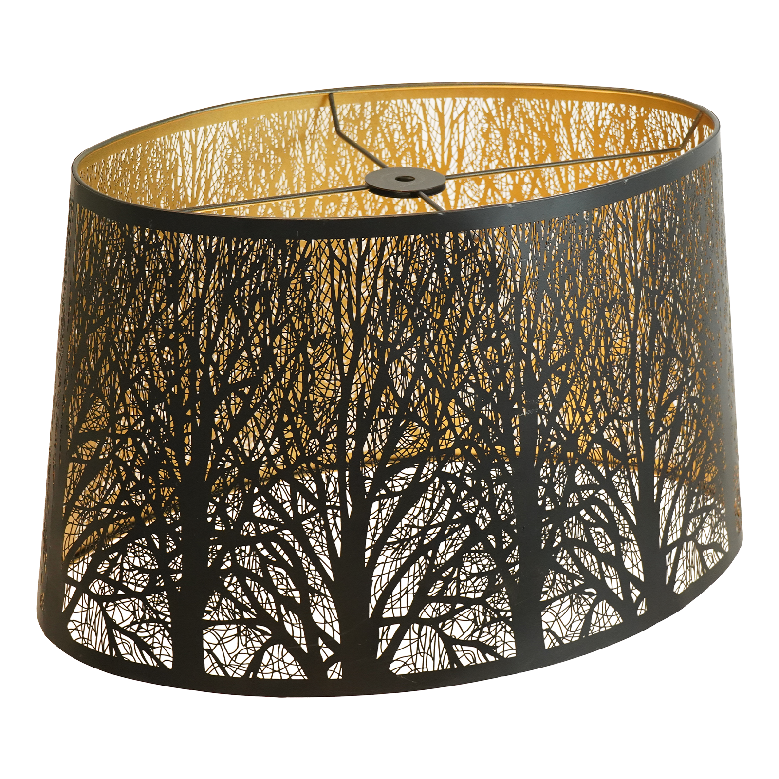 Aeelleea extra-large black metal lampshade featuring a gold interior lining and an etched forest map pattern; suitable for pendant lights and ceiling fixtures.