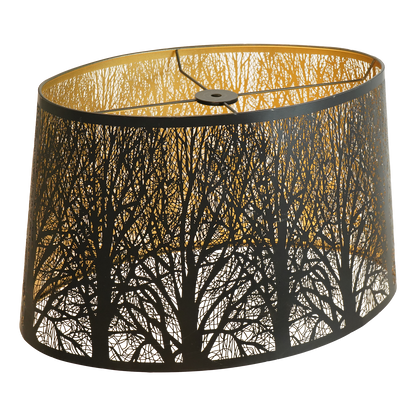 Aeelleea extra-large black metal lampshade featuring a gold interior lining and an etched forest map pattern; suitable for pendant lights and ceiling fixtures.