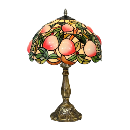 Aeelleea Tiffany style stained glass table lamp with handcrafted peach fruit shade in soft pink and green botanical tones