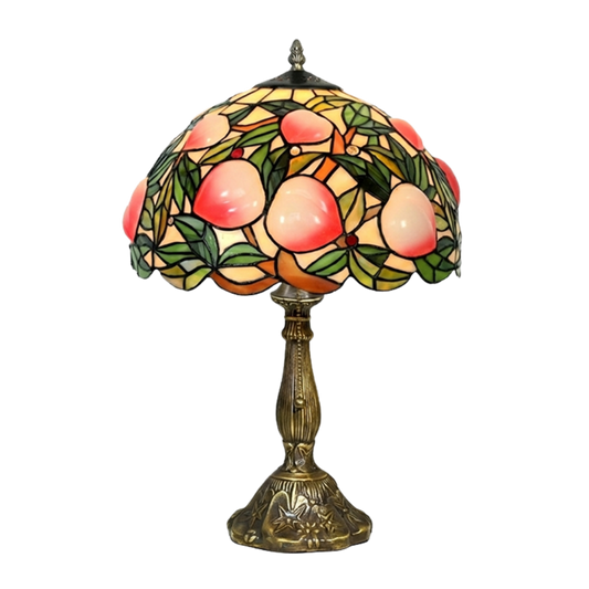 Aeelleea Tiffany style stained glass table lamp with handcrafted peach fruit shade in soft pink and green botanical tones