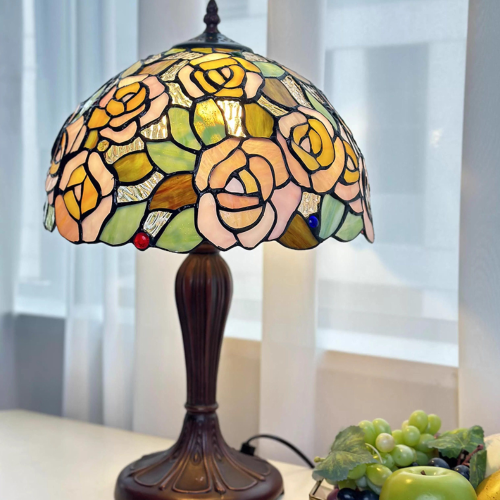 Aeelleea Tiffany style stained glass table lamp with handcrafted pink rose shade in soft blush and lavender tones