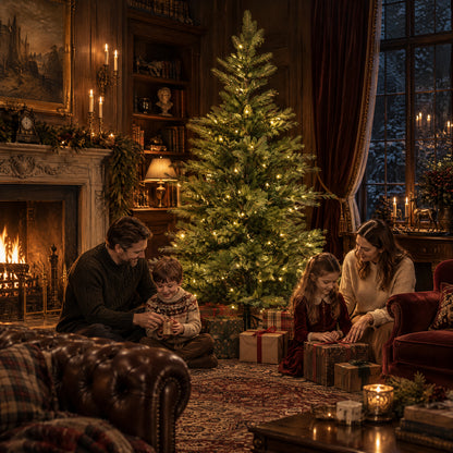 Green pre-lit artificial Christmas tree with warm LED lights and wrapped gifts in a traditional living room, where a family enjoys Christmas together.