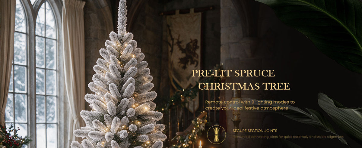 White flocked pre-lit spruce Christmas tree with warm LED lights in a rustic holiday interior, featuring remote control with 9 lighting modes and secure branch connections.