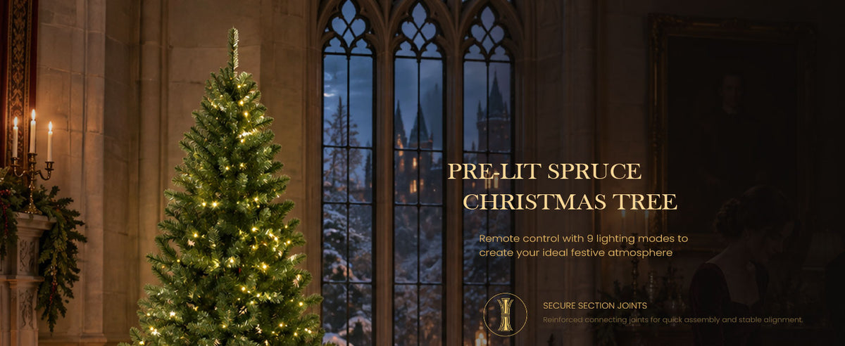 Green pre-lit spruce artificial Christmas tree with warm LED lights in an elegant stone interior, featuring nine lighting modes and a festive glow.