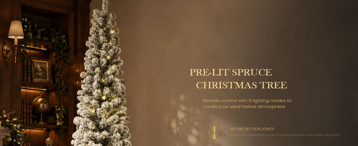 Pre-lit flocked spruce Christmas tree with warm LED lights displayed in a classic wood-paneled library, featuring remote control with 9 lighting modes and secure section joints.