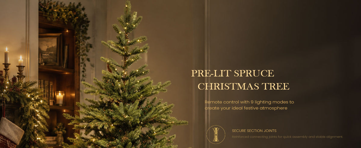 Pre-lit green artificial spruce Christmas tree with warm LED lights in an elegant traditional living room, featuring remote control with 9 lighting modes and secure section joints.