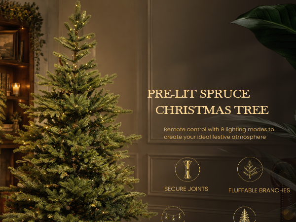 Green pre-lit artificial spruce Christmas tree with warm LED lights, remote control with 9 lighting modes, hinged branches, secure section joints, and a sturdy steel base.