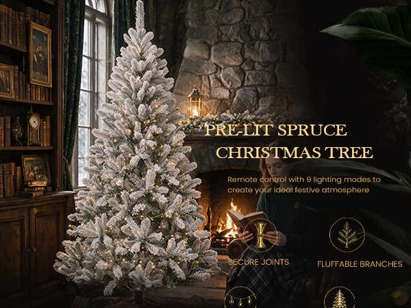 White flocked pre-lit spruce Christmas tree with warm LED lights in a cozy library, featuring hinged branches and remote-controlled lighting modes.