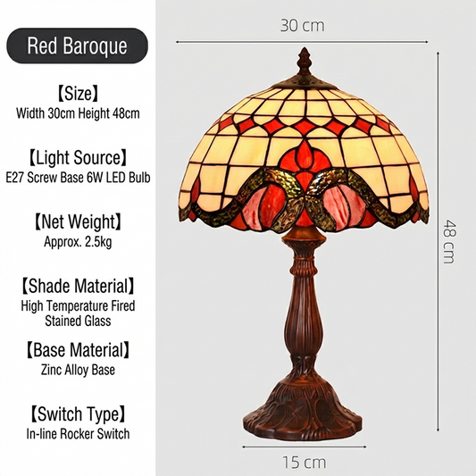 Aeelleea Tiffany style stained glass table lamp with handcrafted crimson baroque shade and antique bronze base