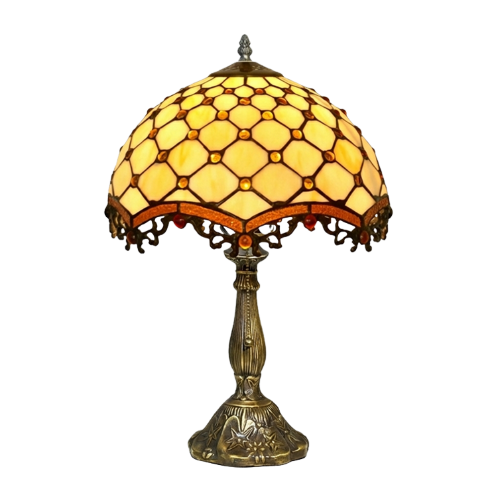 Aeelleea Tiffany style stained glass table lamp with handcrafted amber honeycomb shade and golden bead fringe