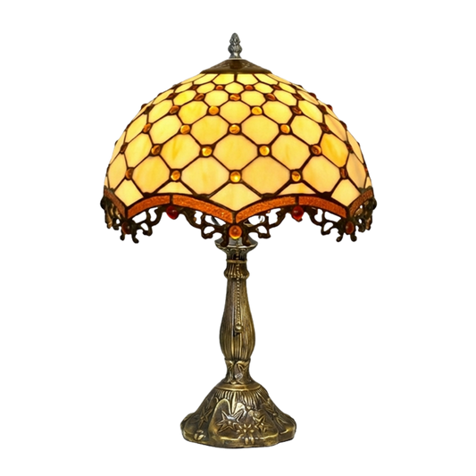 Aeelleea Tiffany style stained glass table lamp with handcrafted amber honeycomb shade and golden bead fringe