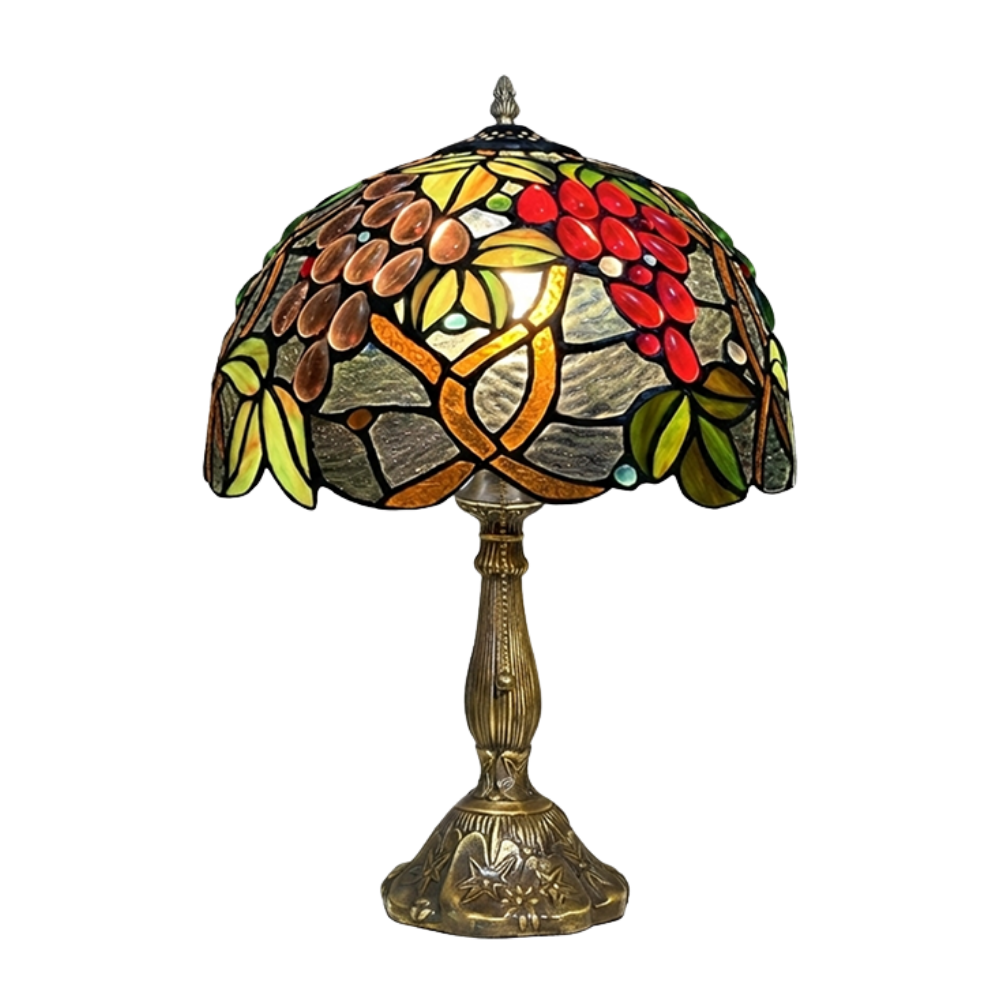 Aeelleea Tiffany style stained glass table lamp with handcrafted vintage fruit orchard shade in warm amber crimson and green tones