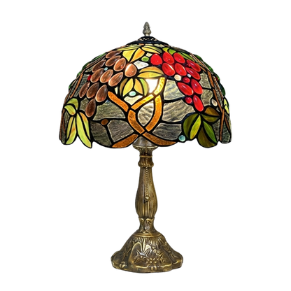 Aeelleea Tiffany style stained glass table lamp with handcrafted vintage fruit orchard shade in warm amber crimson and green tones