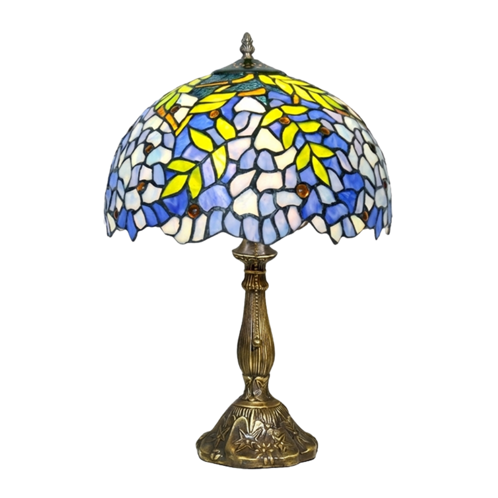 Aeelleea Tiffany style stained glass table lamp with handcrafted wisteria inspired blue floral shade in soft blue white tones