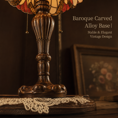 Antique brass Baroque base detail of vintage Tiffany style table lamp with carved decorative design