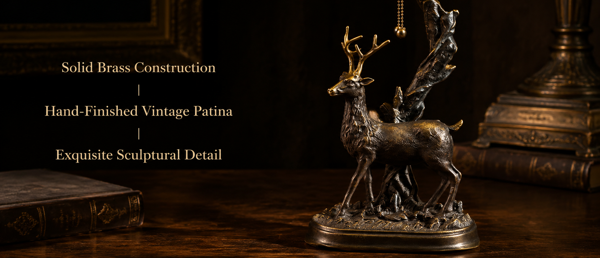 Antique brass deer sculpture lamp base with hand finished patina and detailed vintage craftsmanship