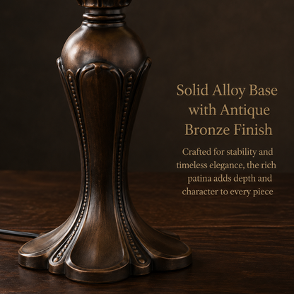 Antique bronze alloy base of Tiffany style table lamp featuring elegant vintage details and durable metal construction