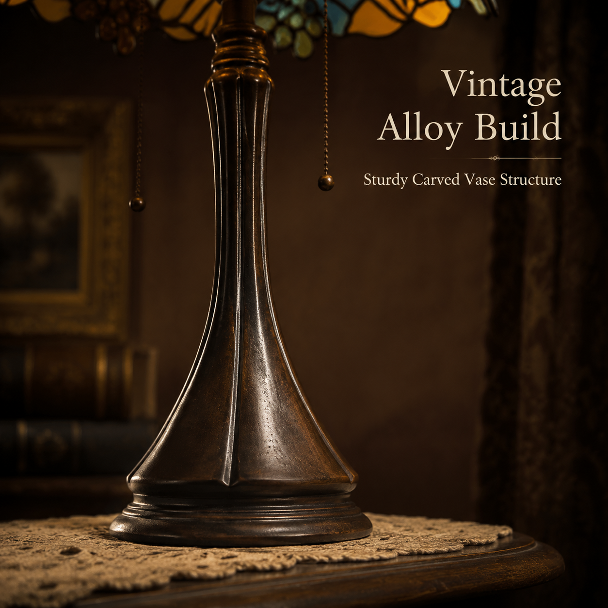 Antique bronze alloy base of a Tiffany style table lamp with carved vintage details and elegant craftsmanship