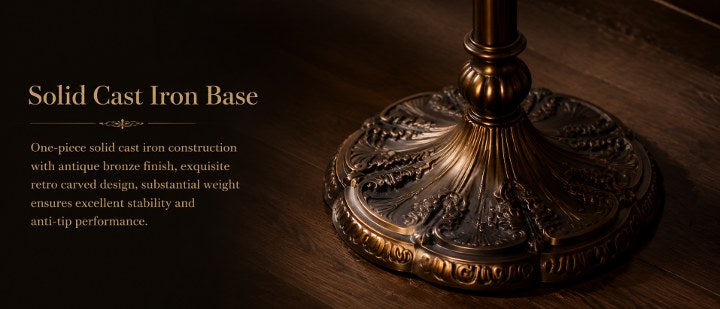 Antique bronze cast iron base of Blue Tulip Tiffany floor lamp with detailed vintage carving and durable stable construction