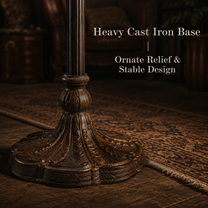 Antique bronze cast iron base detail of a vintage Tiffany floor lamp with decorative carved craftsmanship